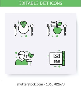 Diet line icons set. Calorie count, healthy nutrition concept. Nutritiologist. Body mass index. Serving size. Weight loss.Portion control.Healthy food. Isolated vector illustrations.Editable stroke 