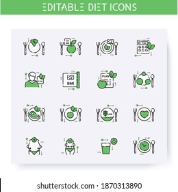 Diet line icons set. Calorie count, healthy nutrition concept. Slimming. Serving size. Weight loss. Portion control. Healthy eating. Isolated vector illustrations. Editable stroke 