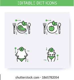 Diet line icons set.Calorie count, healthy nutrition concept. Slimming. Successful and unsuccessful diet. Weight loss. Portion control. Before and after. Isolated vector illustrations.Editable stroke 