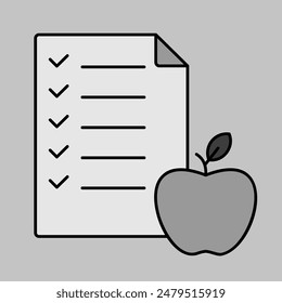 Diet list with apple vector grayscale icon. Graph symbol for fitness and weight loss web site and apps design, logo, app, UI