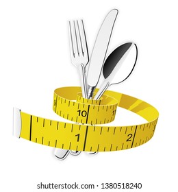 Diet and lose weight concept - measuring tape tighten fork, spoon and knife