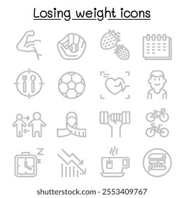 Diet, Losing weight, fitness, healthy lifestyle icon set in thin line style