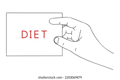 DIET. Man's hand hold a note. Memo of health care on paper. Editable hand drawn contour. Vector