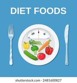 Diet meal concep. Plate with weight scale with tomatoes, peppers, cucumbers and fork, knife. Weight loss. Vector illustration in flat style