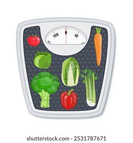 Diet refeição concep. escala com tomates, pimentos, pepinos. Perda de peso. Ilustração vetorial em estilo plano