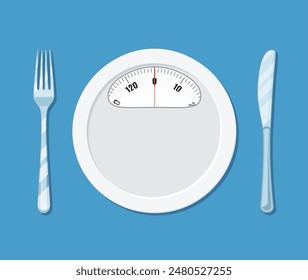 Diet meal concept. Plate with weight scale with fork and knife. Vector illustration in flat style