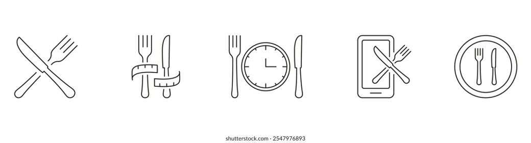 Diet and Meal Management Line Icon Set, Apresentando talheres, tempo e símbolos de rastreamento móveis. Conceito De Horário Das Refeições. Traço editável. Ilustração de vetor isolada.