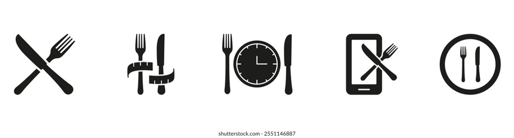 Diet and Meal Management Silhouette Icon Set, Apresentando talheres, tempo e símbolos de rastreamento móveis. Símbolo de Glifo de Tempo de Refeição. Ilustração de vetor isolada.