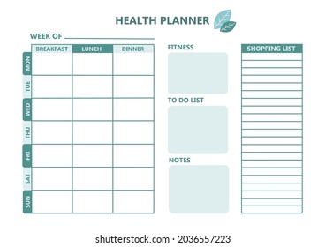 Diet meal plan weekly schedule blank ready for printing. Health planner Fitness Shopping list Vector illustration