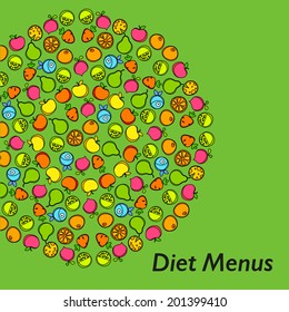 Menú dietético - diseño de plantillas - círculo luminoso con frutas y verduras. Vector.