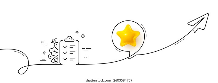Diet menu line icon. Continuous line with share plane. Low calories food sign. Kcal checklist symbol. 3d star in speech bubble. Diet menu single line ribbon. Loop curve pattern. Vector