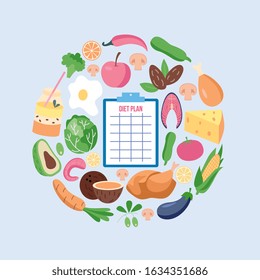 Diet menu planning concept with diary check list and fresh vegetables and fruits flat vector illustration isolated on background. Healthy nutrition and weight losing.