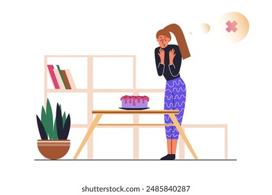 Diet with not sweet program web concept with people scene in flat design. Woman follows sugar free diet and refuses cakes and not eat sweets. Vector illustration with character situation for web