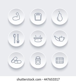 Diet, nutrition, dietary supplements line icons set