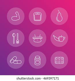 Diet, nutrition, dietary supplements transparent line icons