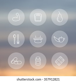 Diet, nutrition, fat loss transparent round icons set, vector illustration