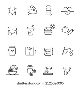 Diet nutrition health food exercise sport line icon. Gym coach muscle training diet nutrition icon set