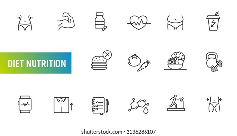 Diet Nutrition Health Food Exercise Sport Line Icon. Gym Coach Muscle Training Diet Nutrition Icon Set