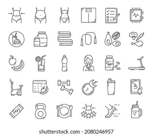 Diet nutrition, healthy food and fitness sport, weight control and keto diet vector outline icons. Body exercise and workout line symbols of health and lifestyle, gym training and physical activity