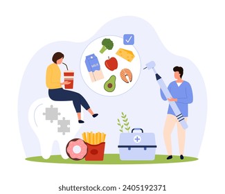 Diet and nutrition for healthy teeth. Tiny people with dental tool take care of teeth and gums by eating right food, talk about dangers of unhealthy fastfood and soda water cartoon vector illustration