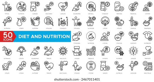 Diet And Nutrition icon set. Fit Fuel, Nutri Vita, Slim Ease, Health Max, Lean Lite, Nourish Pro, Diet Well, Vita Boost, Trim Tonic and Fresh Fuel