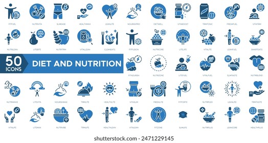 Diet And Nutrition icon set. Fit Fuel, Nutri Vita, Slim Ease, Health Max, Lean Lite, Nourish Pro, Diet Well, Vita Boost, Trim Tonic and Fresh Fuel