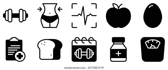 Diet and Nutrition Icon Set Healthy Solid Style Collection for Wellness and Balance