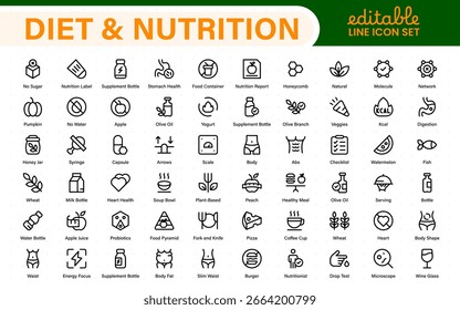 Conjunto de iconos de nutrición de dieta: verduras, agua, planificación de comidas, frutas, fibra dietética, proteínas, vitaminas, grasas saludables e iconos de carbohidratos. Colección de iconos sólidos.