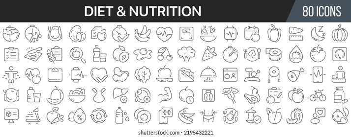 Diet and nutrition line icons collection. Big UI icon set in a flat design. Thin outline icons pack. Vector illustration EPS10
