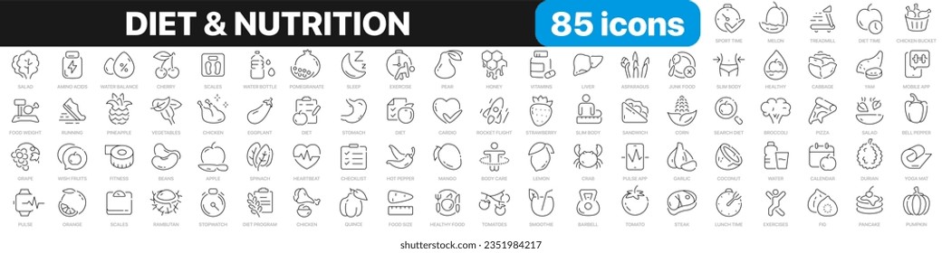 Diet and nutrition line icons collection. Sport, food, fitness, fruits, vegetables icons. UI icon set. Thin outline icons pack. Vector illustration EPS10