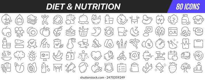 Línea de alimentación y nutrición iconos de colección. Icono de interfaz de usuario grande en un diseño plano. Paquete de iconos de contorno fino. Ilustración vectorial EPS10