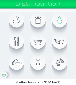 Diet, nutrition line round icons pack, vector illustration