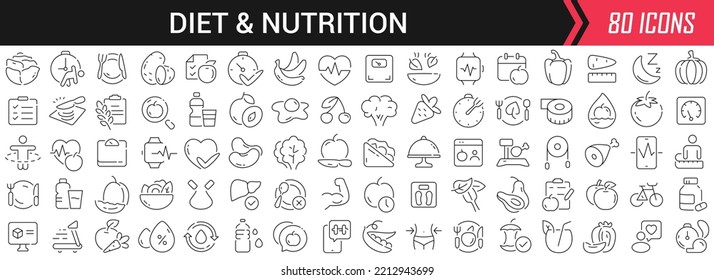 Diet and nutrition linear icons in black. Big UI icons collection in a flat design. Thin outline signs pack. Big set of icons for design