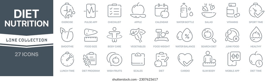 Colección de iconos con signo lineal de dieta y nutrición. Colección de iconos de línea delgada firmada. Conjunto de íconos simples de esquema de dieta y nutrición