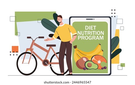 Concepto de programa de nutrición dietética. Hombre de pie cerca de la bicicleta con frutas. Alimentación saludable con vitaminas. Nutrición adecuada. Estilo de vida activo. Ilustración vectorial plana de dibujos animados aislada sobre fondo blanco