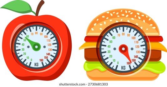 Dieta e Obesidade Conceito Dieta e Obesidade Conceito para Aplicações Móveis, Web Site, Publicidade com Hambúrguer, Apple e Escalas Ícones.