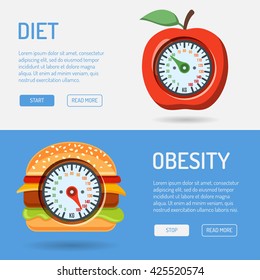Diet and Obesity Concept for Mobile Applications, Web Site, Advertising with Hamburger, Apple and Scales Icons. Vector Horizontal Banners.