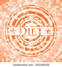 Diet orange tile background illustration. Square geometric mosaic seamless pattern with emblem inside.