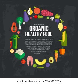 Diet and organic food template. Healthy eating vector concept with flat fruits, vegetables and copyspace. Great for healthy magazines, cooking web sites and restaurant newsletters. 