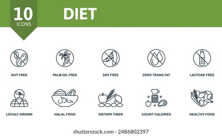 Diet outline icons set. Creative icons: nut free, palm oil free, soy free, zero trans fat, lactose free, localy grown, halal food, dietary fiber, count calories, healthy food.