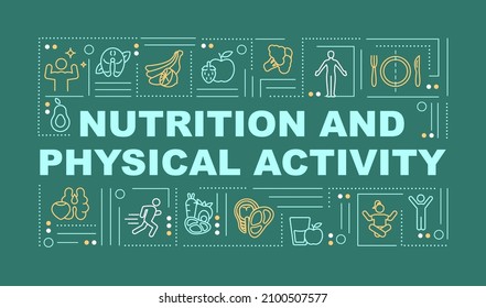 Diet and physical activity word concepts green banner. Infographics with linear icons on background. Isolated typography. Vector outline color illustration with text. Arial-Black font used