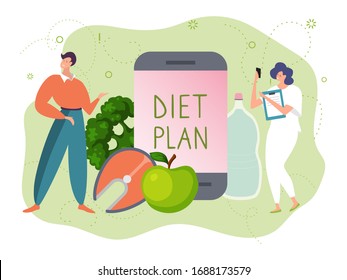 Diet plan app vector illustration. Cartoon adult tiny man woman character with smartphone dieting, flat happy people planning healthy food eating through mobile planner, concept isolated on white