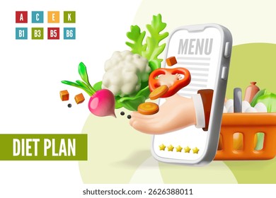 Diet plan. Balanced healthy organic food. 3D plastic style vector vitamins ingredients, fresh vegetables, meat, eggs. Hand from smartphone screen. Menu recommendations application service, five stars