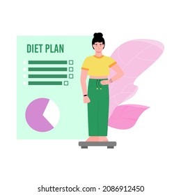 Diet plan banner design with slimming woman standing on weight scales, cartoon vector illustration isolated on white background. Weight control and diet menu planning.