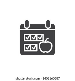 Diet plan calendar vector icon. filled flat sign for mobile concept and web design. Calendar page with apple glyph icon. Symbol, logo illustration. Pixel perfect vector graphics