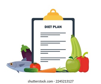 Lista de comprobación del plan de dieta. Alimentación saludable y planificación de la dieta, dieta, comida. Ilustración vectorial en estilo plano