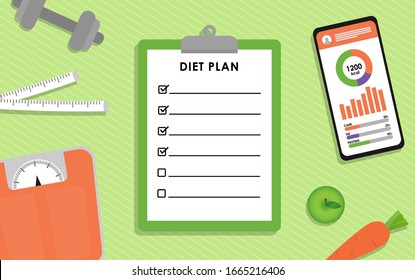 Diet plan checklist on clipboard, mobile phone with health tracker application, weight scale, dumbbell and measuring tape on green background. Healthy diet, weight loss and nutrition concept.