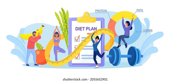 Diet plan checklist. People doing  exercise, training and planning diet with fruit and vegetable. Girl doing yoga. Nutrition weight loss diet, individual dietary. Health lifestyle, fitness