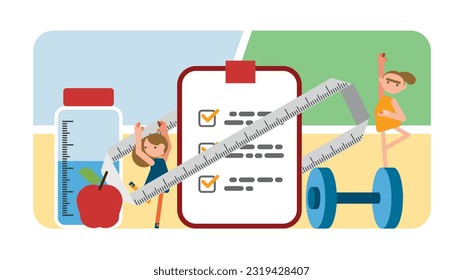 Diet plan checklist. People doing exercise, training and planning diet with fruit and vegetable. Girl doing yoga. Nutrition weight loss diet, individual dietary. Health lifestyle, fitness