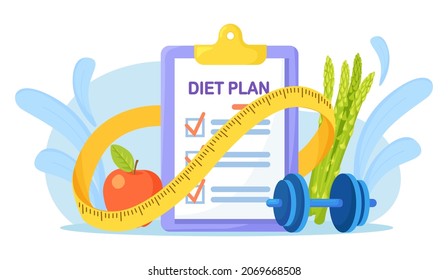 Lista de control del plan de dieta con verduras, fruta y cinta de medición. Nutrición por pérdida de peso, control de calorías, dieta individual. Estilo de vida, fitness, deporte, entrenamiento. Ilustración del vector